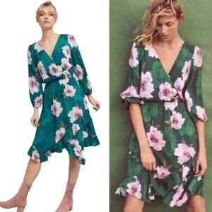 Anthropologie Plenty Tracy Reese Aleah Green Floral Print Faux Wrap Midi Dress L